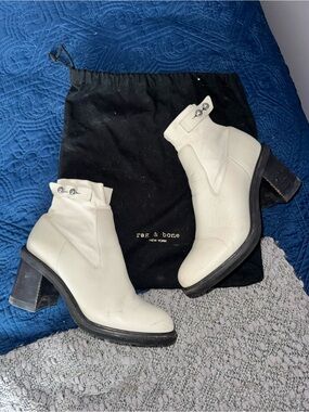 rag & bone Cream Leather Ankle Boots with Block Heel